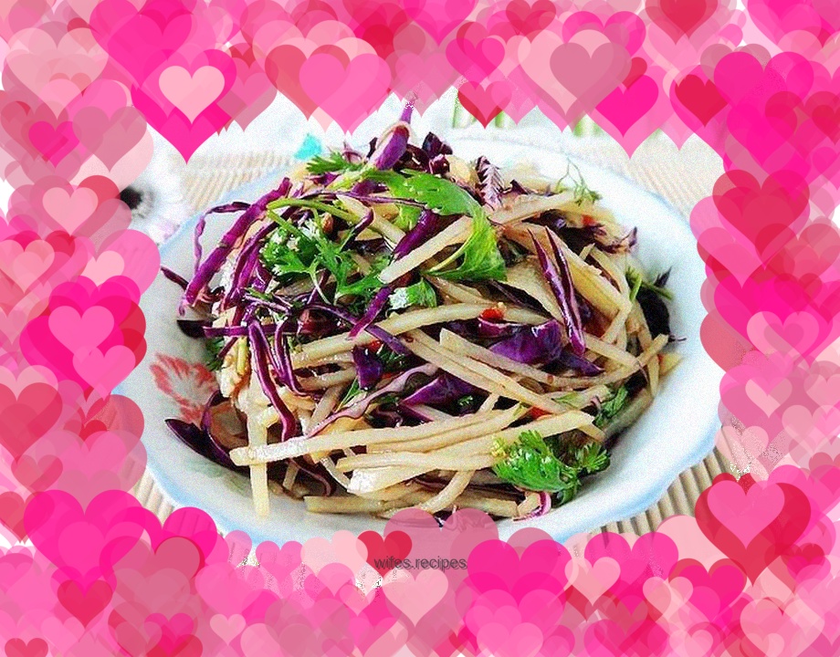 Purple cabbage mixed with shredded potatoes