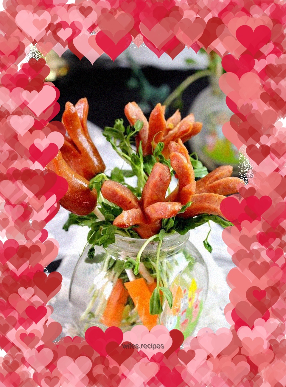 Grilled hot dog sausages with blossoming flowers