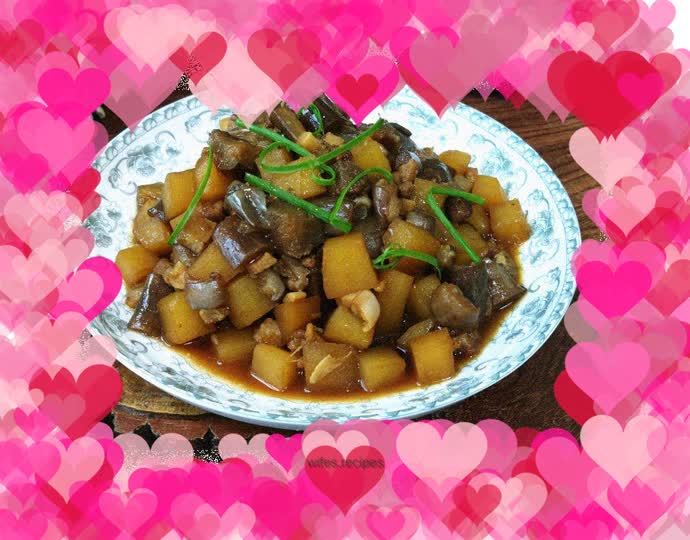 Pork belly, roasted eggplant and potatoes