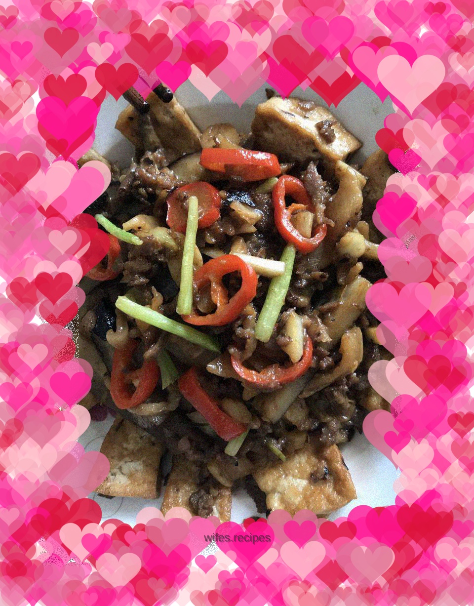 Pan-fried tofu with minced pork, eggplant