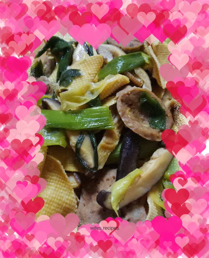 Mushroom and beef balls stir-fried with garlic sprouts