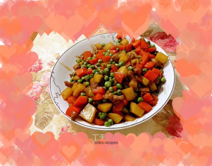 Lazy peas, stir-fried potatoes, carrots and meat cubes