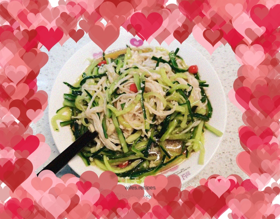 Cucumber salad with enoki mushrooms