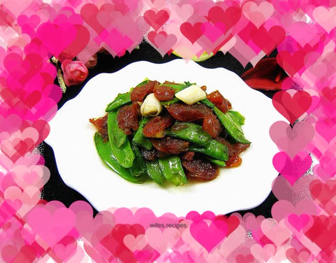 Sausage with pea slices