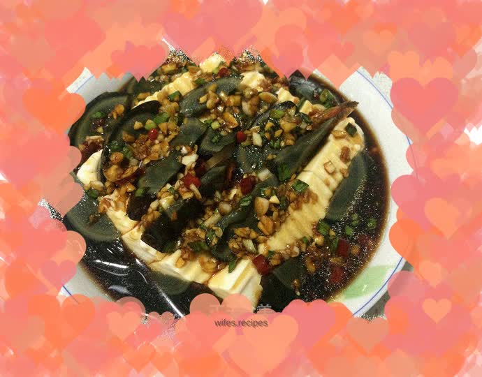 Spring onion, preserved egg and tofu