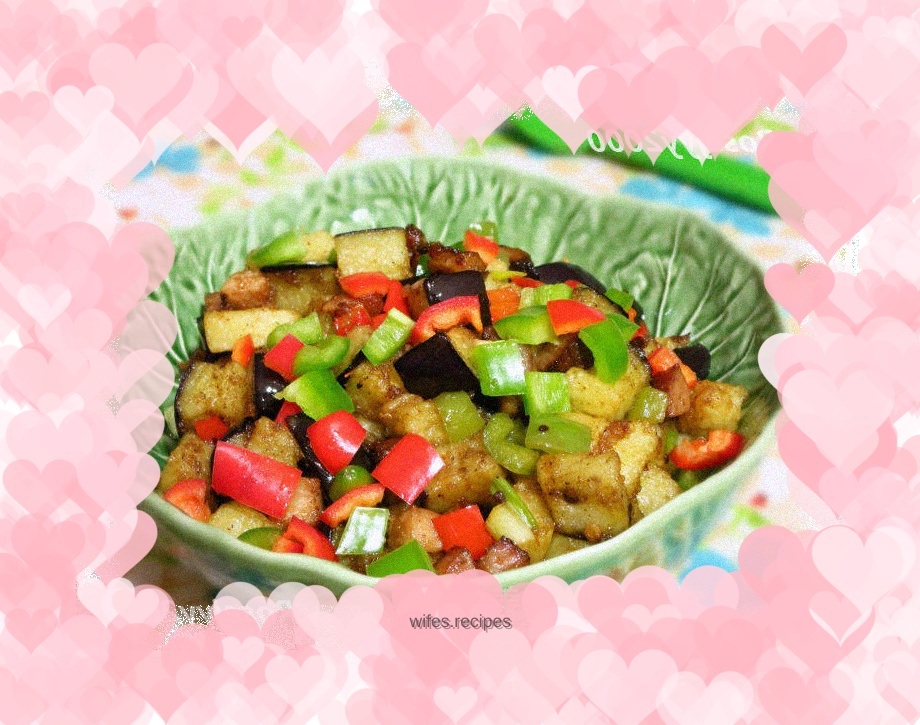 Barbecued pork and eggplant cubes