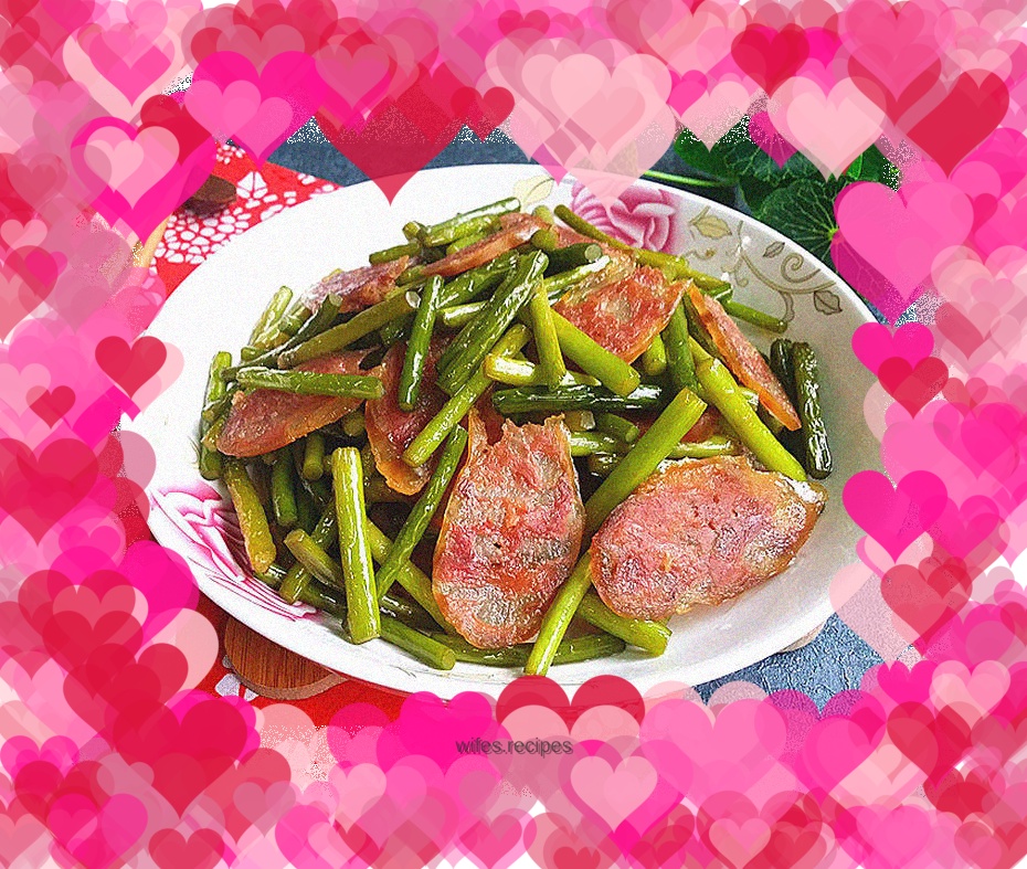 Stir-fried sausage with garlic sprouts