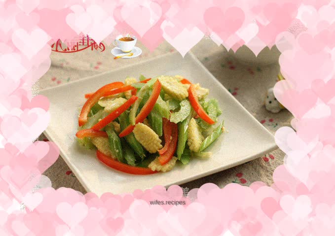Stir-fried corn and bamboo shoots with colorful peppers and celery