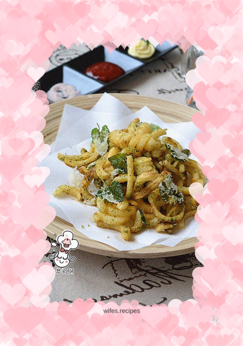 Spiralized French Fries with Seaweed and Mint Leaves and Himalayan Sea Salt