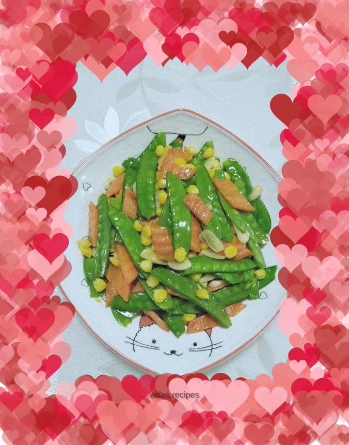 Fried corn kernels with snow peas, carrots