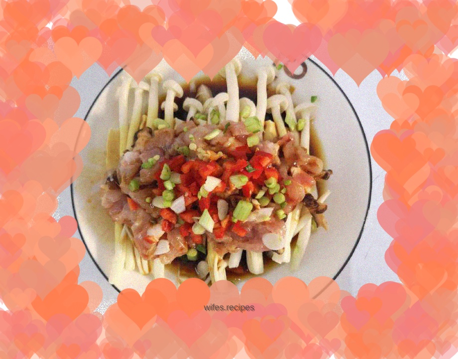 An exquisite simple meal for one person: steamed pork with fresh mushrooms and tofu