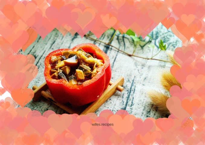 Eggplant strips, preserved egg and chili burger