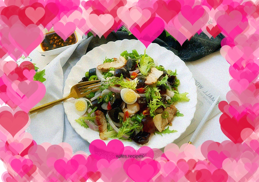 Garden vegetable and poultry eggs mixed with white meat