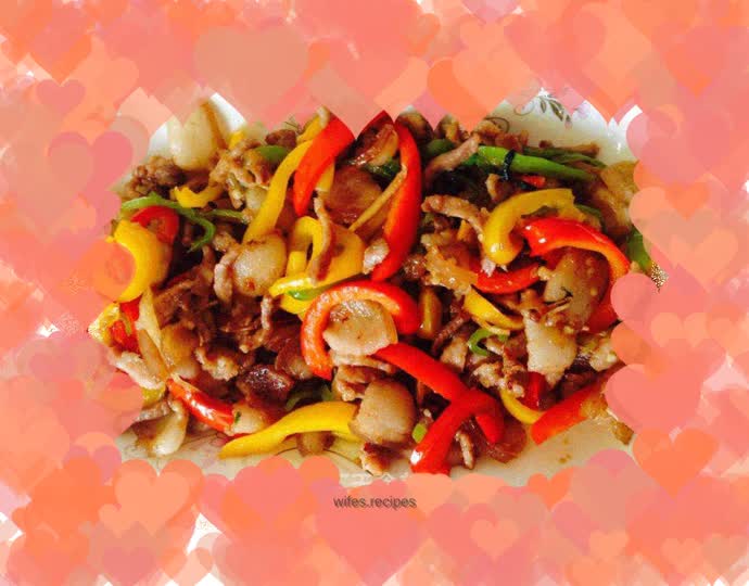 Shredded pork with red, yellow and green peppers