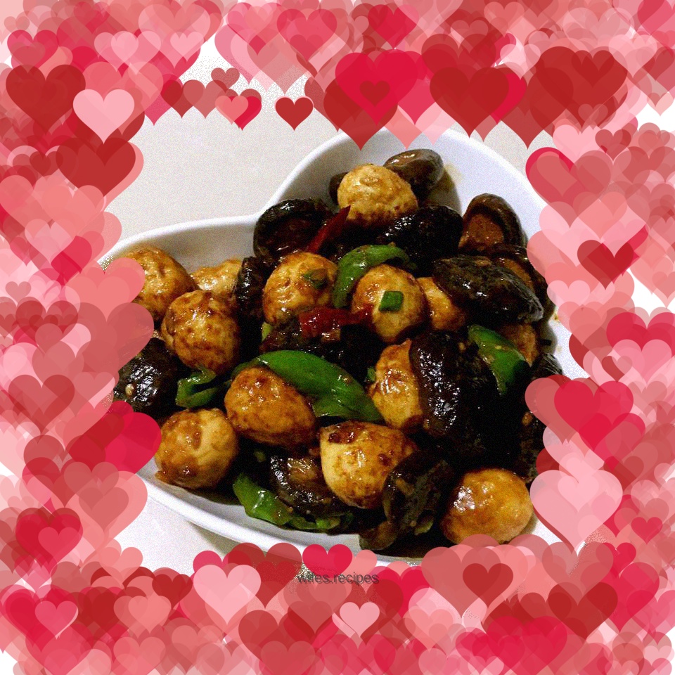 Grilled quail eggs with mushrooms