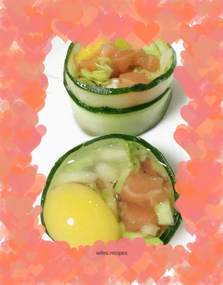 Tall salmon salad, turtle egg and cucumber roll