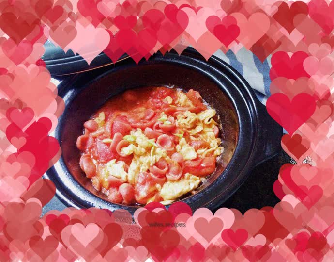 Tomato grilled sausage and scrambled eggs