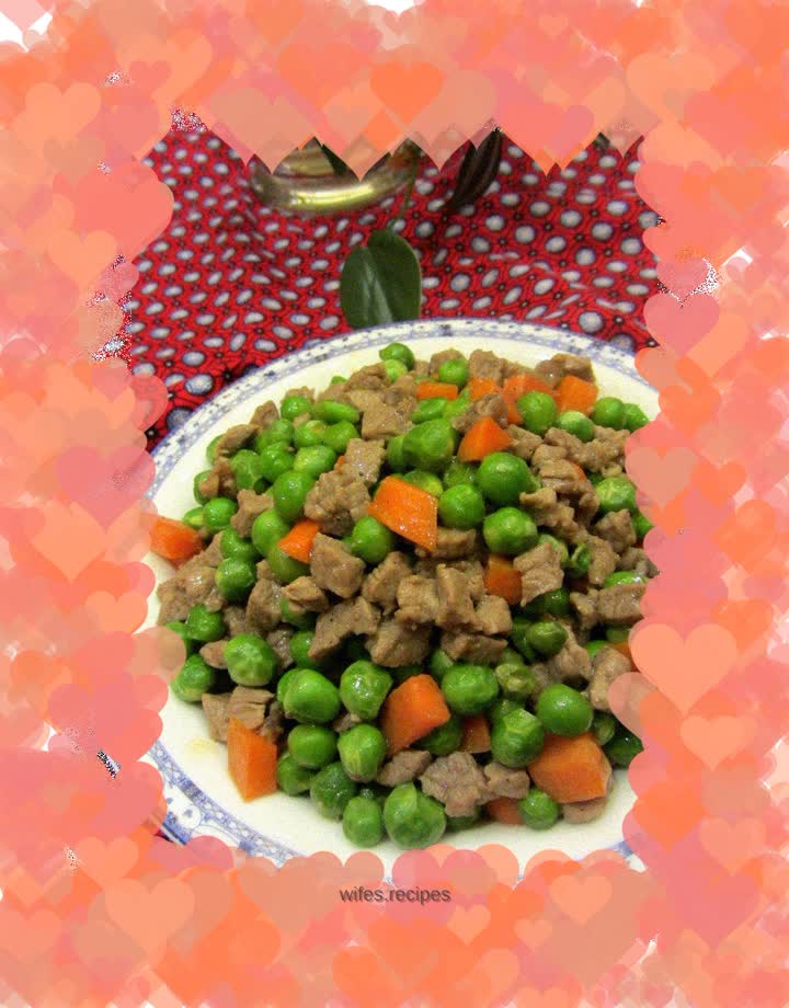 Stir-fried beef cubes with peas