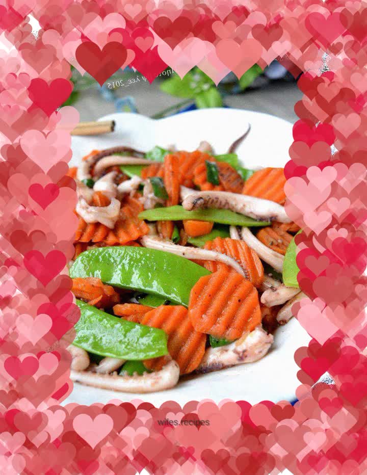 Stir-fried squid tentacles with snow peas, carrots