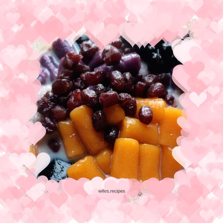 Red bean and taro balls with roasted grass jelly