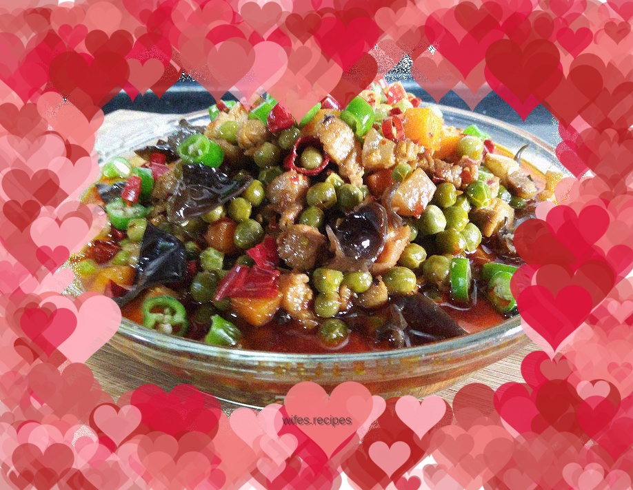 [Roast diced pork with peas]