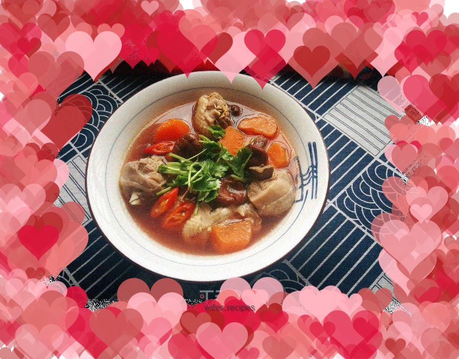 Stewed local chicken with carrots and red mushrooms