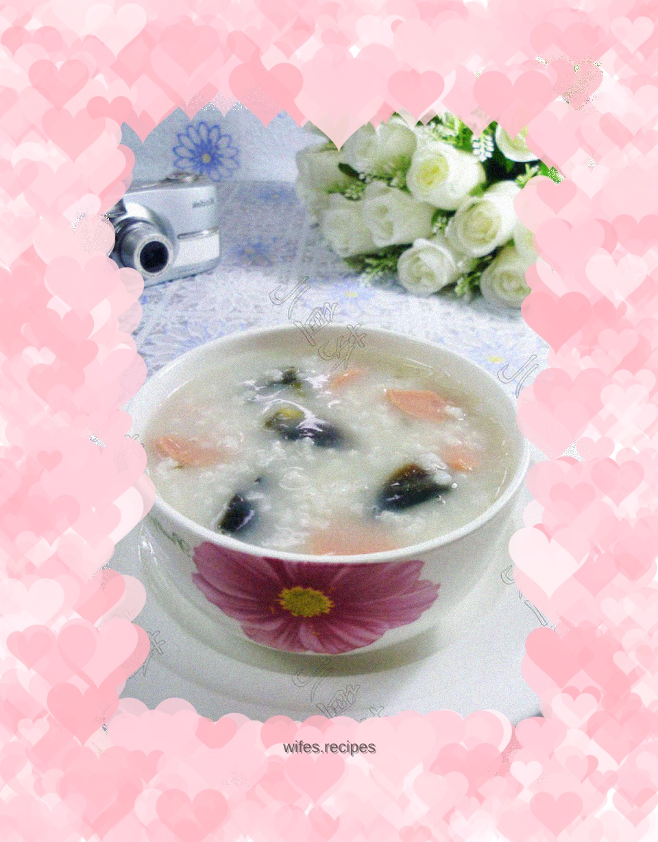 Ham sausage, preserved egg and rice porridge