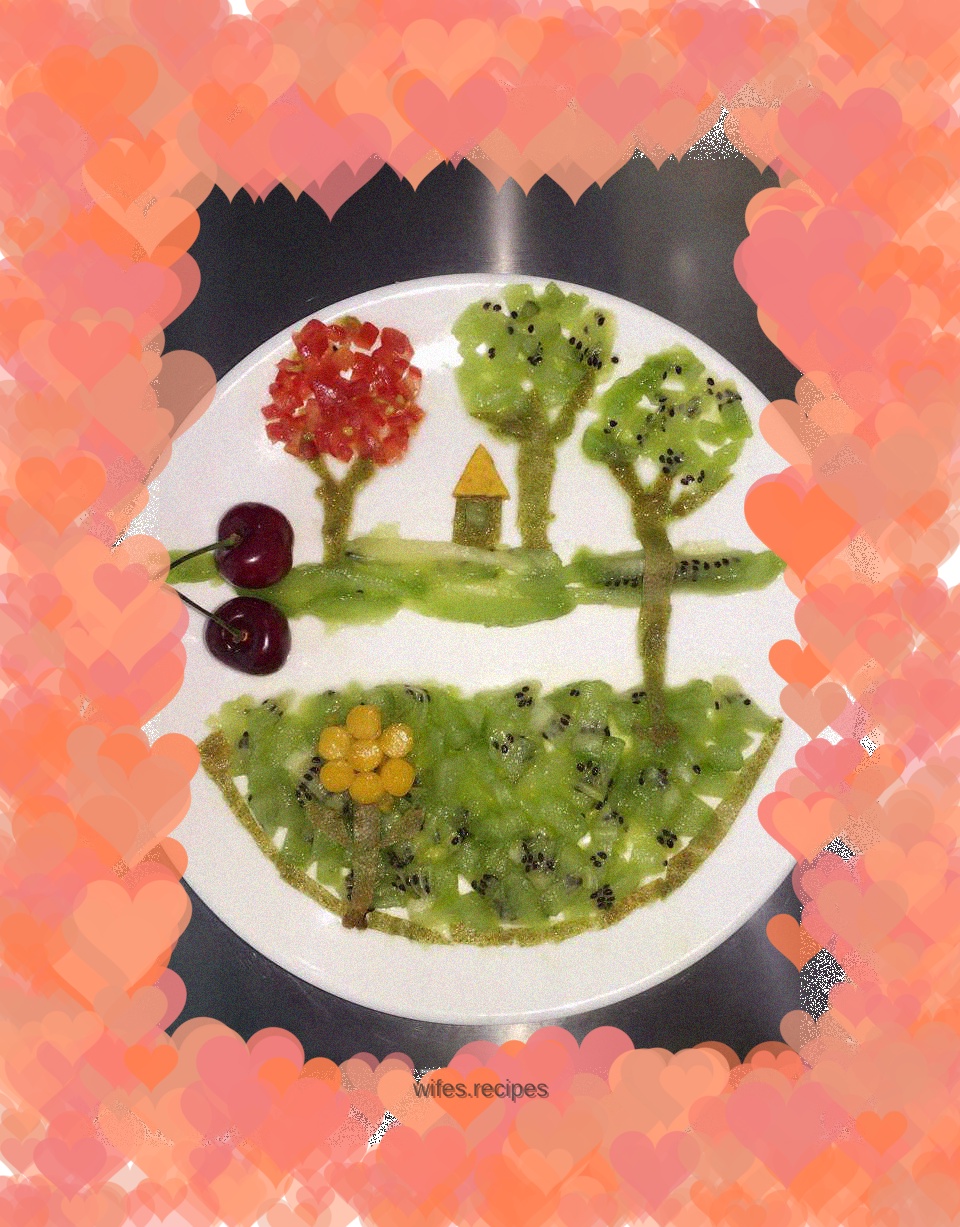 Fruit platter ~ green trees and red flowers