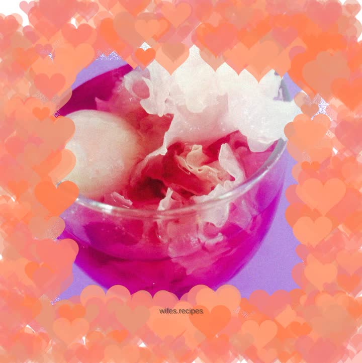 Purple sweet potato, lychee and white fungus soup