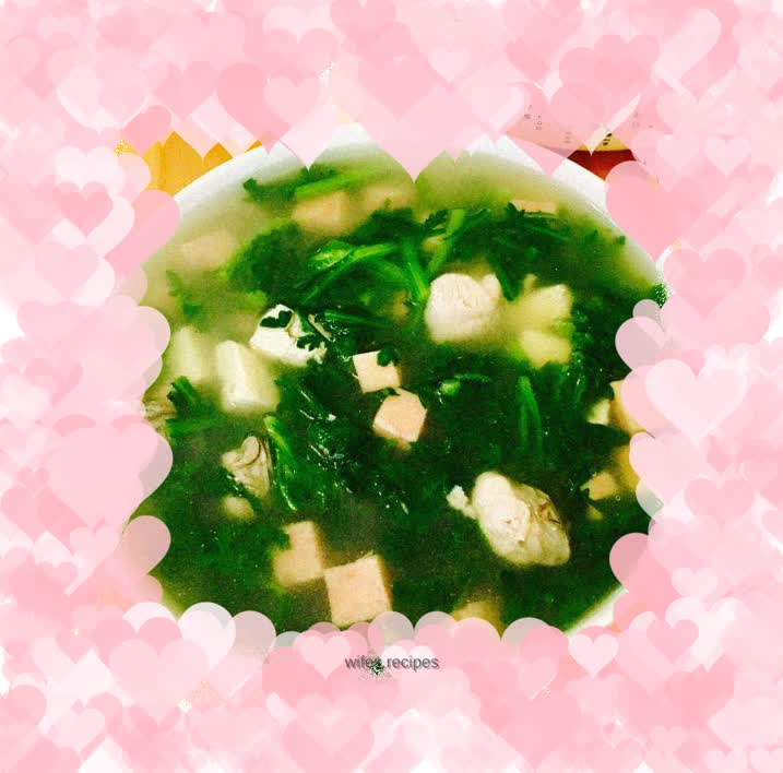 Oyster, chrysanthemum and tofu soup