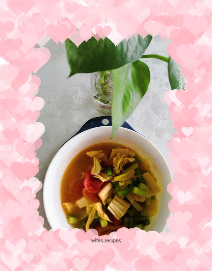 Fried tomatoes, yuba and garlic sprouts