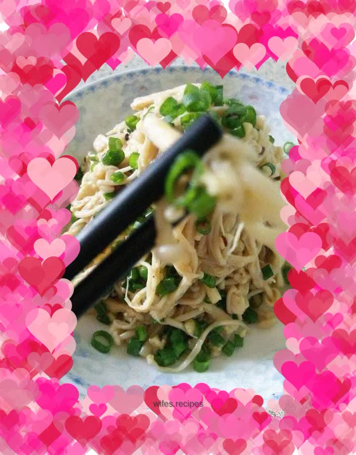 Enoki mushrooms splashed with chives and oil