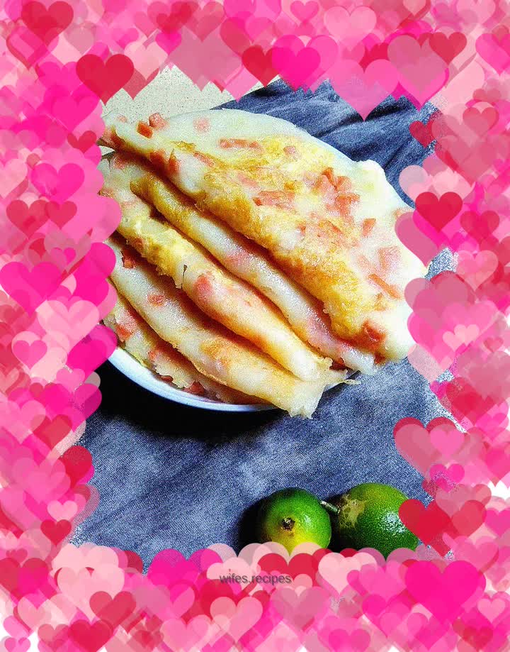 Quick breakfast for office workers - ham, sausage and egg pancakes