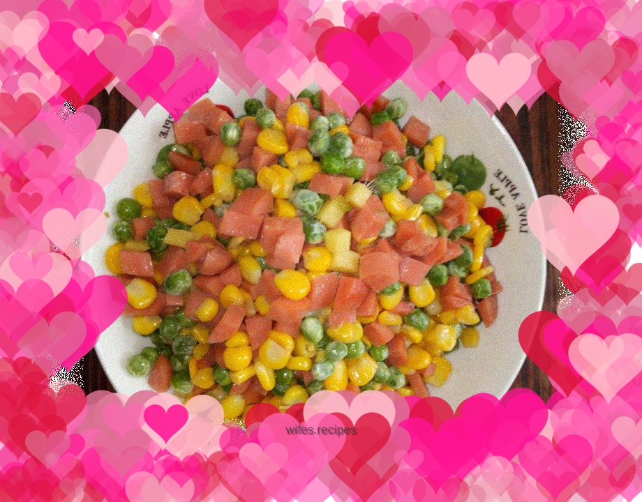 Fried ham with green beans and corn