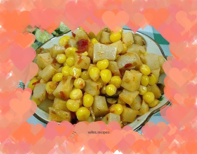 Chopped pepper, corn and lotus root