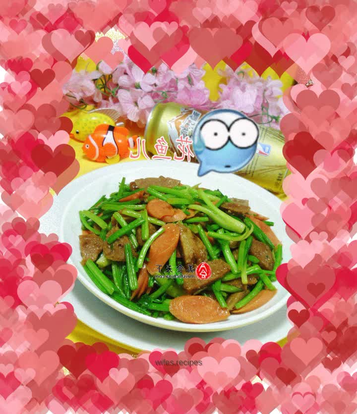 Ham sausage, beef tendon balls and stir-fried celery