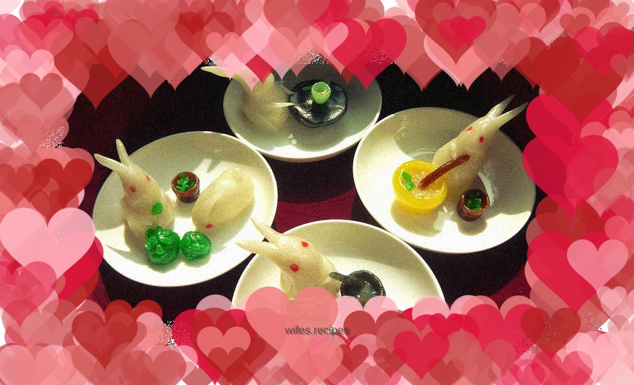 "The evening meal falls in love------" The white rabbit pounded the medicine and asked who he would have dinner with