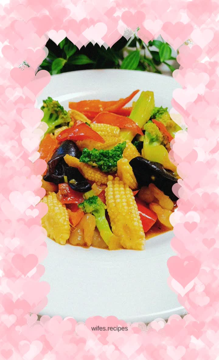 Shrimp, mixed vegetables, corn shoots