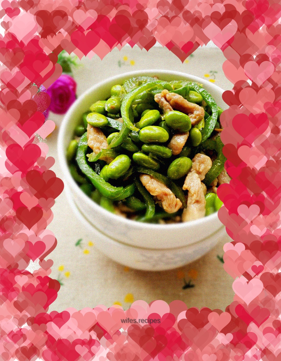 Stir-fried shredded pork with green pepper and edamame