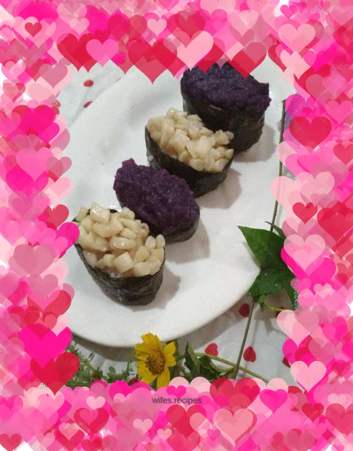 White mushroom and purple potato sushi