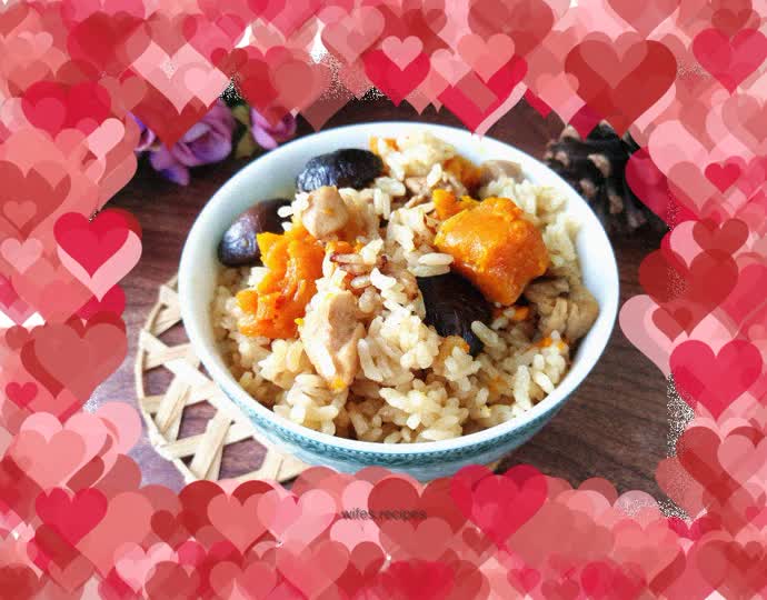 Braised Rice with Chicken Legs, Mushrooms and Pumpkin