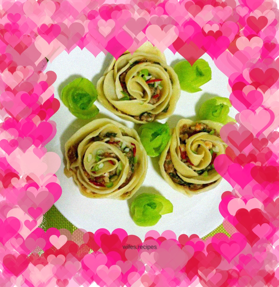 Steamed Dumplings with Shrimp, Choy Sum and Rose