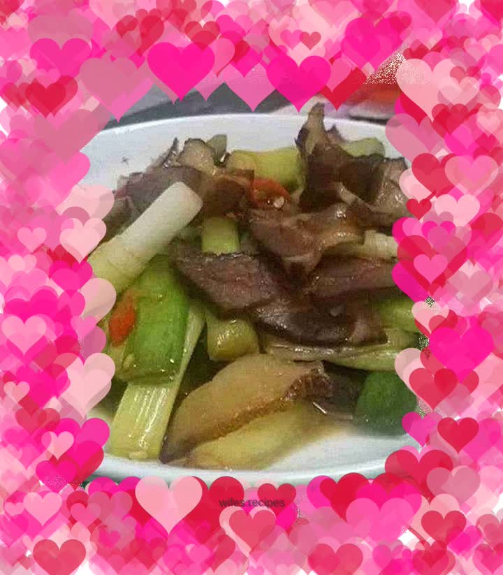 Fried bacon with farm garlic sprouts