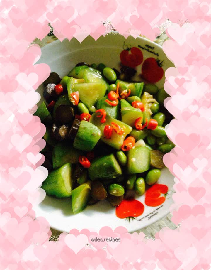 Luffa, pickled melon and edamame beans