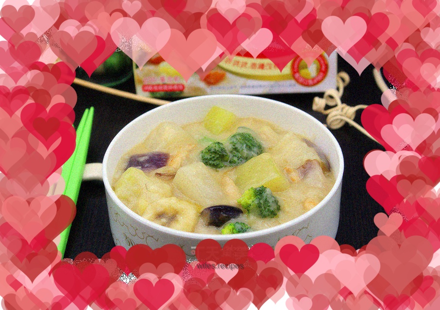 Chicken Breast Stewed with Vegetables and Fruits in Milk
