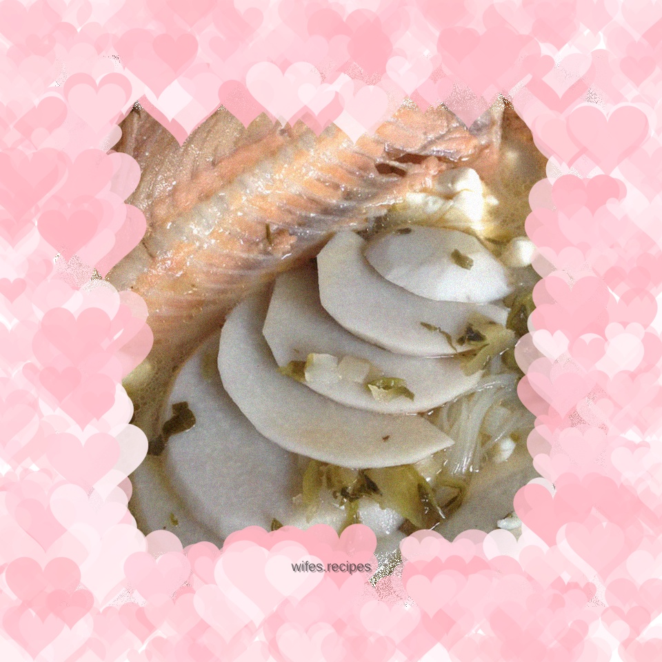 Salmon steak, taro, pickles and tofu stew