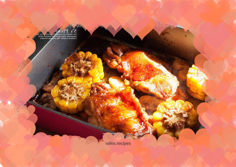 Simple and delicious oven dish - grilled chicken drumsticks with seasonal vegetables