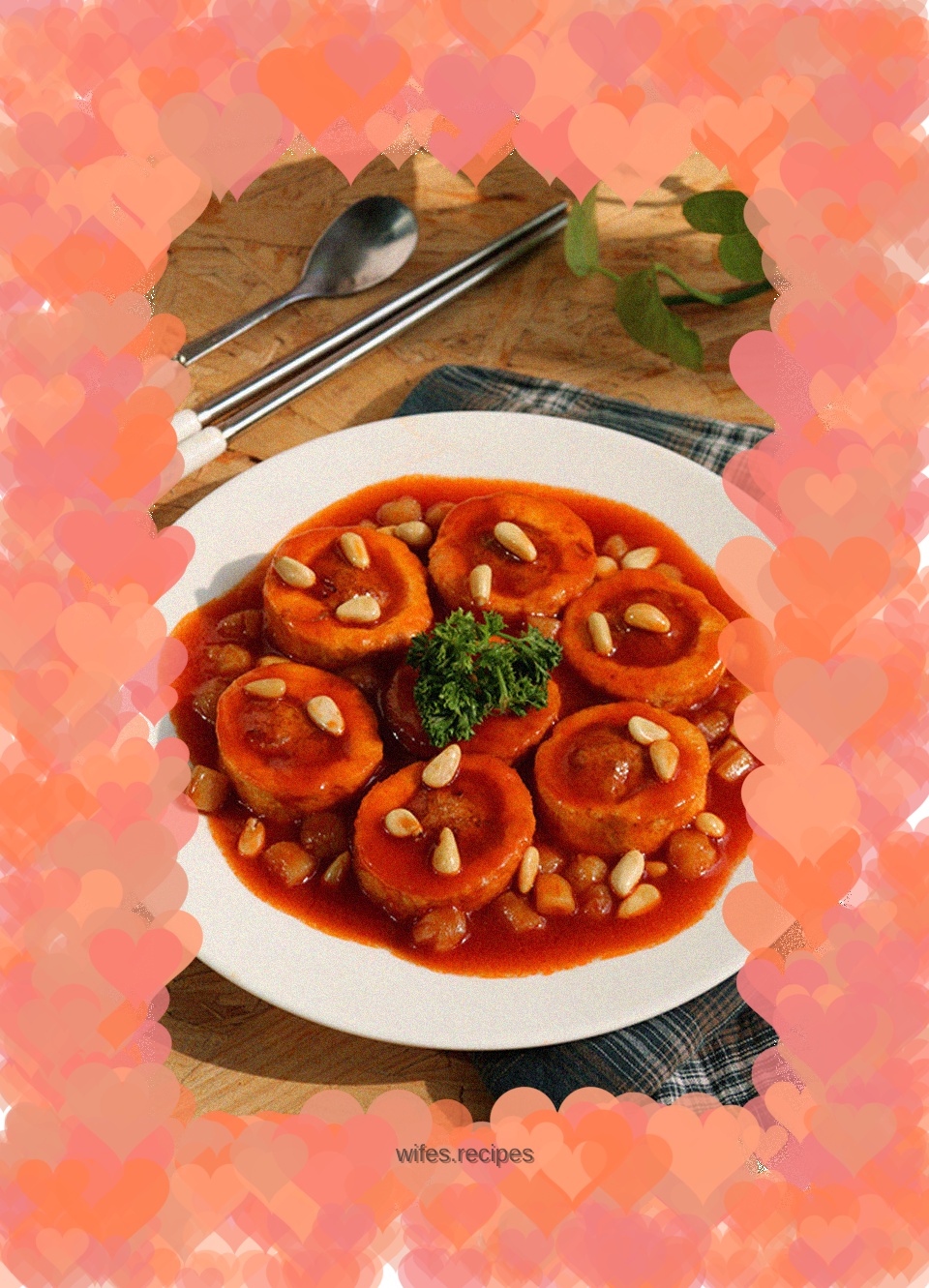 Yong tau fu with dried scallops and pine nuts in tomato sauce