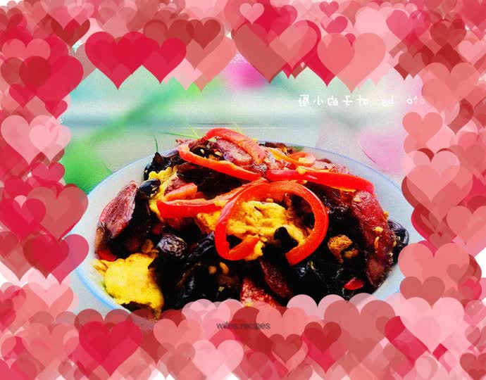 Fried sausage with fungus and egg