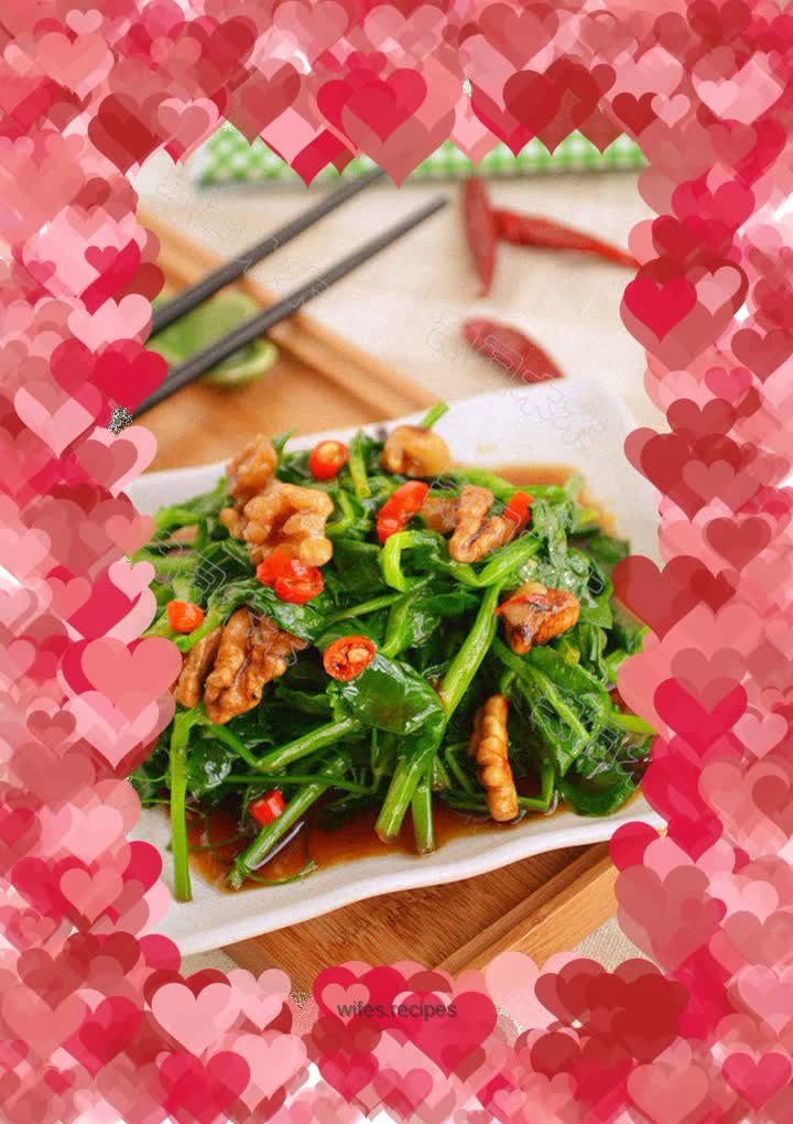 Pea sprouts mixed with walnut kernels